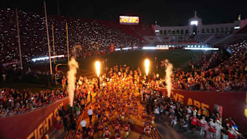 Sep 11, 2021; Los Angeles, California, USA; Southern California Trojans players enter the field before a game against the Stanford Cardinal at United Airlines Field at Los Angeles Memorial Coliseum. Mandatory Credit: Kirby Lee-USA TODAY Sports