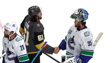 EDMONTON, ALBERTA - SEPTEMBER 04: Mark Stone #61 of the Vegas Golden Knights shakes hands with Thatcher Demko #35 of the Vancouver Canucks after the Golden Knights 3-0 victory in Game Seven of the Western Conference Second Round during the 2020 NHL Stanley Cup Playoffs at Rogers Place on September 04, 2020 in Edmonton, Alberta, Canada. (Photo by Bruce Bennett/Getty Images)