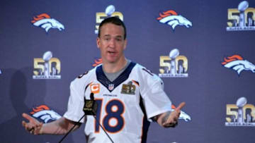 Feb 3, 2016; Santa Clara, CA, USA; Denver Broncos quarterback Peyton Manning (18) addresses the media at press conference prior to Super Bowl 50 at Santa Clara Marriott. Mandatory Credit: Kirby Lee-USA TODAY Sports