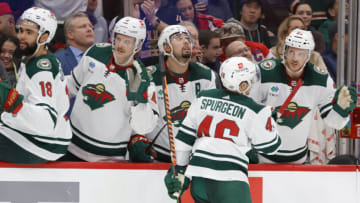 Minnesota Wild defenseman Jared Spurgeon (46) celebrates with teammates after scoring against the Washington Capitals in the second period on Tuesday.(Geoff Burke-USA TODAY Sports)