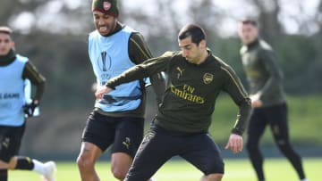 ST ALBANS, ENGLAND - APRIL 10: (L-R) Pierre-Emerick Aubameyang and Henrikh Mkhitaryan of Arsenal during a training session at London Colney on April 10, 2019 in St Albans, England. (Photo by Stuart MacFarlane/Arsenal FC via Getty Images)