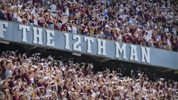 Sep 18, 2021; College Station, Texas, USA; A view of the stands and the fans and the 12th Man logo during the first half of the game between the Texas A&M Aggies and the New Mexico Lobos at Kyle Field. Mandatory Credit: Jerome Miron-USA TODAY Sports