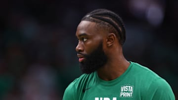 BOSTON, MASSACHUSETTS - JUNE 10: Jaylen Brown #7 of the Boston Celtics looks on during warm ups prior to Game Four of the 2022 NBA Finals against the Golden State Warriors at TD Garden on June 10, 2022 in Boston, Massachusetts. NOTE TO USER: User expressly acknowledges and agrees that, by downloading and/or using this photograph, User is consenting to the terms and conditions of the Getty Images License Agreement. (Photo by Elsa/Getty Images)