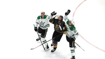 Denis Gurianov #34 and Roope Hintz #24 of the Dallas Stars look for the puck against Mark Stone #61 of the Vegas Golden Knights during the first period in Game Two of the Western Conference Final. (Photo by Bruce Bennett/Getty Images)