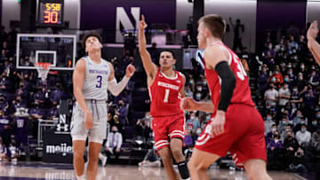 Jan 18, 2022; Evanston, Illinois, USA; Wisconsin Badgers guard Johnny Davis (1) reacts after making a three point basket against the Northwestern Wildcats during the first half at Welsh-Ryan Arena. Mandatory Credit: David Banks-USA TODAY Sports