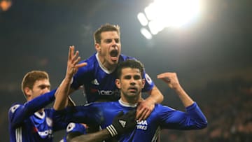 LONDON, ENGLAND - JANUARY 22: Diego Costa (R) of Chelsea celebrates scoring the opening goal with his team mates during the Premier League match between Chelsea and Hull City at Stamford Bridge on January 22, 2017 in London, England. (Photo by Richard Heathcote/Getty Images)