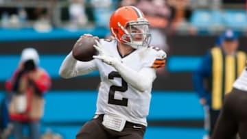 Dec 21, 2014; Charlotte, NC, USA; Cleveland Browns quarterback Johnny Manziel (2) prepares to throw the ball during the second quarter against the Carolina Panthers at Bank of America Stadium. Mandatory Credit: Jeremy Brevard-USA TODAY Sports