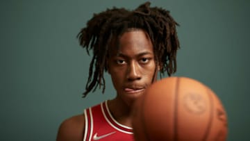 LAS VEGAS, NEVADA - AUGUST 14: Ayo Dosunmu #12 of the Chicago Bulls poses for a portrait during the 2021 NBA rookie photo shoot on August 14, 2021 in Las Vegas, Nevada. (Photo by Joe Scarnici/Getty Images)