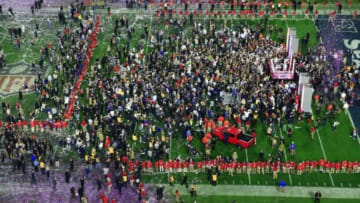 Feb 1, 2015; Glendale, AZ, USA; A general view of the New England Patriots as they celebrate their victory over the Seattle Seahawks 28-24 in Super Bowl XLIX at University of Phoenix Stadium. Mandatory Credit: Andrew Weber-USA TODAY Sports