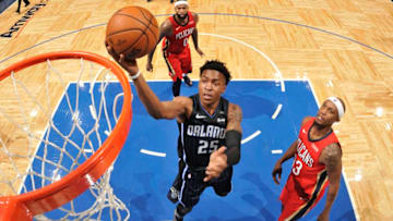 ORLANDO, FL - DECEMBER 22: Wesley Iwundu #25 of the Orlando Magic goes to the basket against the New Orleans Pelicans on December 22, 2017 at Amway Center in Orlando, Florida Or. NOTE TO USER: User expressly acknowledges and agrees that, by downloading and or using this Photograph, user is consenting to the terms and conditions of the Getty Images License Agreement. Mandatory Copyright Notice: Copyright 2017 NBAE (Photo by Fernando Medina/NBAE via Getty Images)
