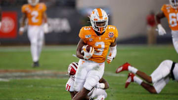JACKSONVILLE, FL - JANUARY 02: Eric Gray #3 of the Tennessee Volunteers runs with the ball during the TaxSlayer Gator Bowl against the Indiana Hoosiers at TIAA Bank Field on January 2, 2020 in Jacksonville, Florida. Tennessee defeated Indiana 23-22. (Photo by Joe Robbins/Getty Images)