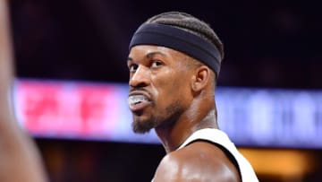 Jimmy Butler #22 of the Miami Heat looks on during the second half of a game against the Orlando Magic(Photo by Julio Aguilar/Getty Images)