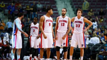 Jan 28, 2014; Auburn Hills, MI, USA; Detroit Pistons power forward Josh Harrellson (55) shooting guard Rodney Stuckey (3) power forward Tony Mitchell (9) small forward Luigi Datome (13) and power forward Jonas Jerebko (33) during the game against the Orlando Magic at The Palace of Auburn Hills. Mandatory Credit: Rick Osentoski-USA TODAY Sports