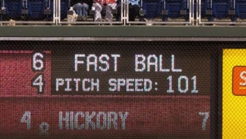 Jun 4, 2015; Philadelphia, PA, USA; Cincinnati Reds relief pitcher Aroldis Chapman (not pictured) clocks 101 mph on the radar gun against the Philadelphia Phillies during the ninth inning at Citizens Bank Park. The Reds won 6-4. Mandatory Credit: Bill Streicher-USA TODAY Sports