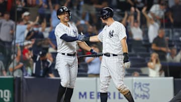 New York Yankees designated hitter DJ LeMahieu celebrates with right fielder Giancarlo Stanton. (Vincent Carchietta-USA TODAY Sports)
