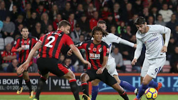 BOURNEMOUTH, ENGLAND - OCTOBER 28: Alvaro Morata of Chelsea attempts to get past Simon Francis of AFC Bournemouth during the Premier League match between AFC Bournemouth and Chelsea at Vitality Stadium on October 28, 2017 in Bournemouth, England. (Photo by Christopher Lee/Getty Images)
