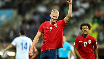 Norway's forward #09 Erling Braut Haaland celebrates scoring the 2-0 goal during the UEFA Euro 2024 group A qualification football match between Cyprus and Norway at the AEK Arean in Larnaca, Cyprus, on October 12, 2023. (Photo by Jewel SAMAD / AFP) (Photo by JEWEL SAMAD/AFP via Getty Images)