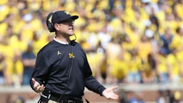 ANN ARBOR, MI - SEPTEMBER 9: Michigan Wolverines head coach Jim Harbaugh watches the action during the third quarter of the game against the Cincinnati Bearcats at Michigan Stadium on September 9, 2017 in Ann Arbor, Michigan. Michigan defeated Cincinnati 36-16. (Photo by Leon Halip/Getty Images)