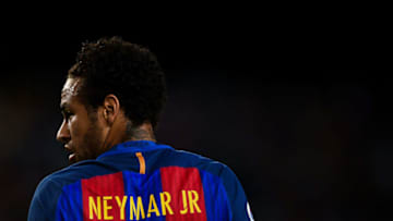 BARCELONA, SPAIN - MAY 21: (EDITORS NOTE: This image has been converted to black and white) Neymar Jr. of FC Barcelona looks on during the La Liga match between Barcelona and Eibar at Camp Nou on 21 May, 2017 in Barcelona, Spain. (Photo by David Ramos/Getty Images)