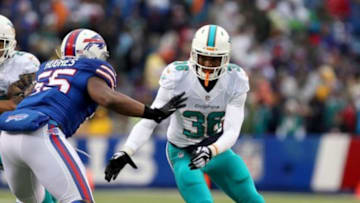 Dec 22, 2013; Orchard Park, NY, USA; Buffalo Bills outside linebacker Jerry Hughes (55) looks to block Miami Dolphins strong safety Don Jones (36) at Ralph Wilson Stadium. Mandatory Credit: Timothy T. Ludwig-USA TODAY Sports