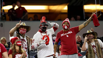 Dec 30, 2020; Arlington, TX, USA; Oklahoma Sooners fans cheer during the first half against the Florida Gators at AT&T Stadium. Mandatory Credit: Kevin Jairaj-USA TODAY Sports