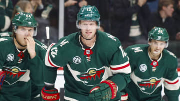 ST. PAUL, MN - DECEMBER 01: Eric Staal #12 of the Minnesota Wild celebrates a 1st period goal during a game with the Toronto Maple Leafs at Xcel Energy Center on December 1, 2018 in St. Paul, Minnesota.(Photo by Bruce Kluckhohn/NHLI via Getty Images)