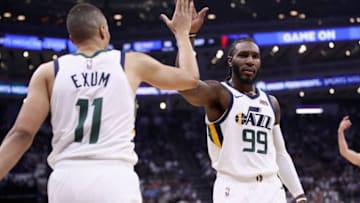 SACRAMENTO, CA - OCTOBER 17: Jae Crowder #99 of the Utah Jazz high-fives Dante Exum #11 during their game against the Sacramento Kings at Golden 1 Center on October 17, 2018 in Sacramento, California. NOTE TO USER: User expressly acknowledges and agrees that, by downloading and or using this photograph, User is consenting to the terms and conditions of the Getty Images License Agreement. (Photo by Ezra Shaw/Getty Images)