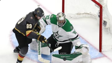 EDMONTON, ALBERTA - AUGUST 03: Ben Bishop #30 of the Dallas Stars stops a shot by Alex Tuch #89 of the Vegas Golden Knights in the third period in a Western Conference Round Robin game during the 2020 NHL Stanley Cup Playoff at Rogers Place on August 03, 2020 in Edmonton, Alberta. (Photo by Jeff Vinnick/Getty Images)