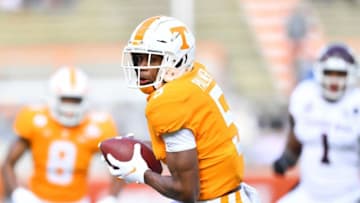Tennessee wide receiver Josh Palmer (5) runs the ball during a game between Tennessee and Texas A&M in Neyland Stadium in Knoxville, Saturday, Dec. 19, 2020.