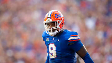 Sep 18, 2021; Gainesville, Florida, USA; Florida Gators defensive lineman Gervon Dexter (9) against the Alabama Crimson Tide at Ben Hill Griffin Stadium. Mandatory Credit: Mark J. Rebilas-USA TODAY Sports