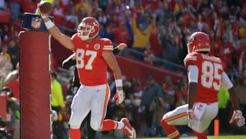 Nov 2, 2014; Kansas City, MO, USA; Kansas City Chiefs tight end Travis Kelce (87) celebrates after scoring a touchdown during the first half against the New York Jets at Arrowhead Stadium. Mandatory Credit: Denny Medley-USA TODAY Sports