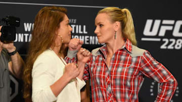 DALLAS, TX - SEPTEMBER 06: (L-R) Opponents Nicco Montano and Valentina Shevchenko of Kyrgyzstan face off during the UFC 228 ultimate media day on September 6, 2018 in Dallas, Texas. (Photo by Josh Hedges/Zuffa LLC/Zuffa LLC via Getty Images)