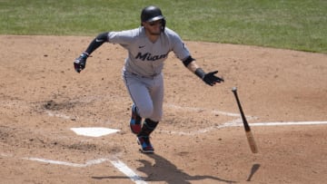 PHILADELPHIA, PA - JULY 26: Miguel Rojas #19 of the Miami Marlins bats against the Philadelphia Phillies at Citizens Bank Park on July 26, 2020 in Philadelphia, Pennsylvania. The 2020 season had been postponed since March due to the COVID-19 pandemic. The Marlins defeated the Phillies 11-6. (Photo by Mitchell Leff/Getty Images)