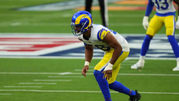 INGLEWOOD, CALIFORNIA - FEBRUARY 13: Justin Hollins #50 of the Los Angeles Rams gets set during to the NFL Super Bowl LVI football game against the Cincinnati Bengals at SoFi Stadium on February 13, 2022 in Inglewood, California. (Photo by Cooper Neill/Getty Images)
