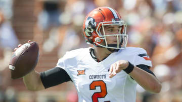 AUSTIN, TX - SEPTEMBER 26: Mason Rudolph #2 of the Oklahoma State Cowboys drops back to pass against the Texas Longhorns during the 1st quarter on September 26, 2015 at Darrell K Royal-Texas Memorial Stadium in Austin, Texas. (Photo by Cooper Neill/Getty Images)