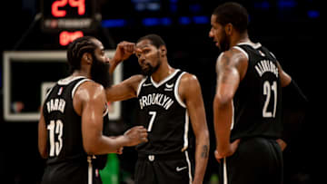 BOSTON, MASSACHUSETTS - NOVEMBER 24: Kevin Durant #7 of the Brooklyn Nets looks on during a game against the Boston Celtics at TD Garden on November 24, 2021 in Boston, Massachusetts. NOTE TO USER: User expressly acknowledges and agrees that, by downloading and or using this photograph, User is consenting to the terms and conditions of the Getty Images License Agreement. (Photo by Maddie Malhotra/Getty Images)
