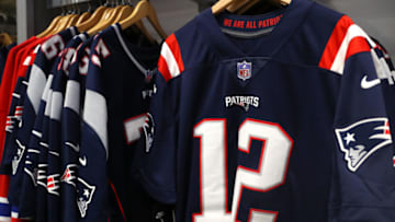 FOXBOROUGH, MASSACHUSETTS - MARCH 17: Tom Brady #12 jerseys on sale at the New England Patriots Pro Shop at Gillette Stadium on March 17, 2020 in Foxborough, Massachusetts. Brady announced he will leave the New England Patriots after 20 years with the team to enter free agency. (Photo by Maddie Meyer/Getty Images)