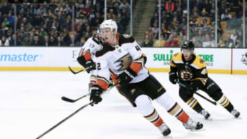 BOSTON, MA - JANUARY 30: Anaheim Ducks defenseman Josh Manson (42) watched by Boston Bruins left defenseman Matt Grzelcyk (48) during a game between the Boston Bruins and the Anaheim Ducks on January 30, 2018, at TD Garden in Boston, Massachusetts. The Ducks defeated the Bruins 3-1. (Photo by Fred Kfoury III/Icon Sportswire via Getty Images)