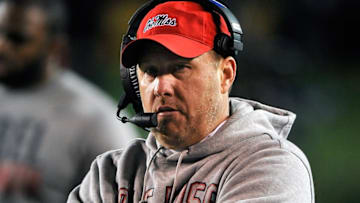 NASHVILLE, TN - NOVEMBER 19: Head coach Hugh Freeze of the Ole Miss Rebels watches from the sideline during a game against during the first half of a game against the Vanderbilt Commodores at Vanderbilt Stadium on November 19, 2016 in Nashville, Tennessee. (Photo by Frederick Breedon/Getty Images)