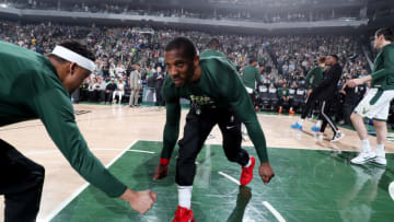MILWAUKEE, WI - MAY 23: Eric Bledsoe #6 of the Milwaukee Bucks is introduced against the Toronto Raptors during Game Five of the Eastern Conference Finals of the 2019 NBA Playoffs on May 23, 2019 at the Fiserv Forum Center in Milwaukee, Wisconsin. NOTE TO USER: User expressly acknowledges and agrees that, by downloading and or using this Photograph, user is consenting to the terms and conditions of the Getty Images License Agreement. Mandatory Copyright Notice: Copyright 2019 NBAE (Photo by Nathaniel S. Butler/NBAE via Getty Images).