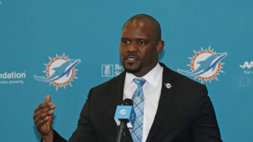 DAVIE, FL - FEBRUARY 4: Brian Flores answers questions from the media after being introduced as the new head coach of the Miami Dolphins on February 4, 2019 at the Miami Dolphins training facility in Davie, Florida. (Photo by Joel Auerbach/Getty Images)