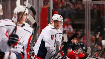 SUNRISE, FL - APRIL 1: Alex Ovechkin #8 of the Washington Capitals gets set to jump in for a shift against the Florida Panthers at the BB&T Center on April 1, 2019 in Sunrise, Florida. (Photo by Eliot J. Schechter/NHLI via Getty Images)