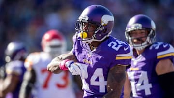 Oct 18, 2015; Minneapolis, MN, USA; Minnesota Vikings cornerback Captain Munnerlyn (24) celebrates his tackle against the Kansas City Chiefs in the first quarter at TCF Bank Stadium. The Vikings win 16-10. Mandatory Credit: Bruce Kluckhohn-USA TODAY Sports