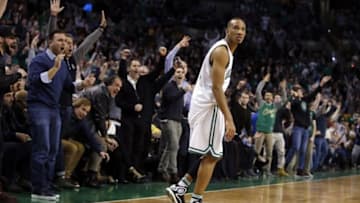 Feb 10, 2016; Boston, MA, USA; Boston Celtics guard Avery Bradley (0) reacts after his three point basket against the Los Angeles Clippers in overtime at TD Garden. Celtics defeated the Clippers in overtime 139-134. Mandatory Credit: David Butler II-USA TODAY Sports