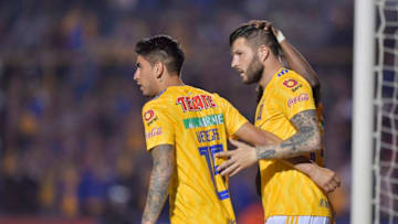 MONTERREY, MEXICO - FEBRUARY 02: Andre-Pierre Gignac of Tigres celebrates with teammate Francisco Eduardo Venegas after scoring his team’s second goal during the fifth round match between Tigres UANL and Santos Laguna as part of the Torneo Clausura 2019 Liga MX at Universitario Stadium on February 02, 2019 in Monterrey, Mexico. (Photo by Azael Rodriguez/Getty Images)