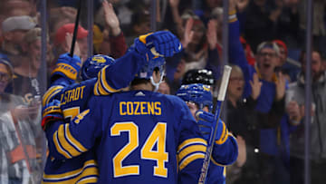 Nov 10, 2022; Buffalo, New York, USA; Buffalo Sabres center Casey Mittelstadt (37) celebrates his goal with teammates during the second period against the Vegas Golden Knights at KeyBank Center. Mandatory Credit: Timothy T. Ludwig-USA TODAY Sports