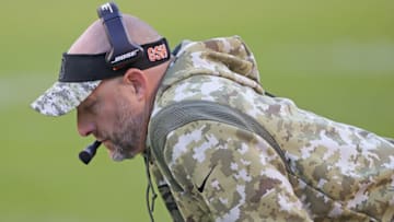 CHICAGO, ILLINOIS - NOVEMBER 21: Head coach Matt Nagy of the Chicago Bears reacts after the Baltimore Ravens score a touchdown in the final minute at Soldier Field on November 21, 2021 in Chicago, Illinois. The Ravens defeated the Bears 16-13. (Photo by Jonathan Daniel/Getty Images)