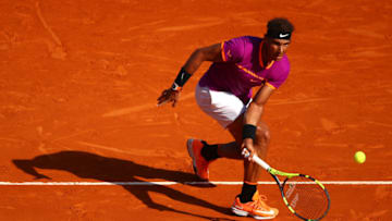 MONTE-CARLO, MONACO - APRIL 22: Rafael Nadal of Spain plays a forehand against David Goffin of Belgium in their semi final round match on day seven of the Monte Carlo Rolex Masters at Monte-Carlo Sporting Club on April 22, 2017 in Monte-Carlo, Monaco. (Photo by Clive Brunskill/Getty Images)