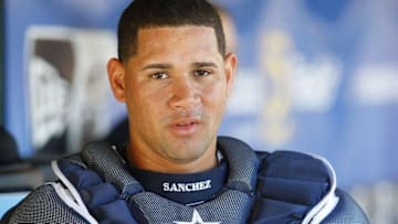 Mar 6, 2016; Clearwater, FL, USA; New York Yankees catcher Gary Sanchez (72) looks on in the dugout against the Philadelphia Phillies at Bright House Field. Mandatory Credit: Kim Klement-USA TODAY Sports