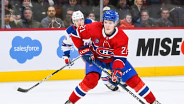 Mar 9, 2023; Montreal, Quebec, CAN; Montreal Canadiens defenseman Kaiden Guhle (21) against the New York Rangers during overtime at Bell Centre. Mandatory Credit: David Kirouac-USA TODAY Sports